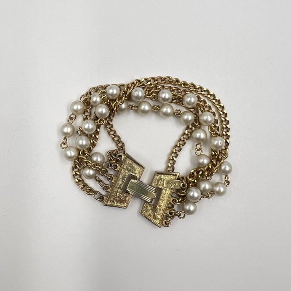 Vintage Act 2 Gold Tone Faux Pearl Multi Strand Bracelet - Picture 7 of 8